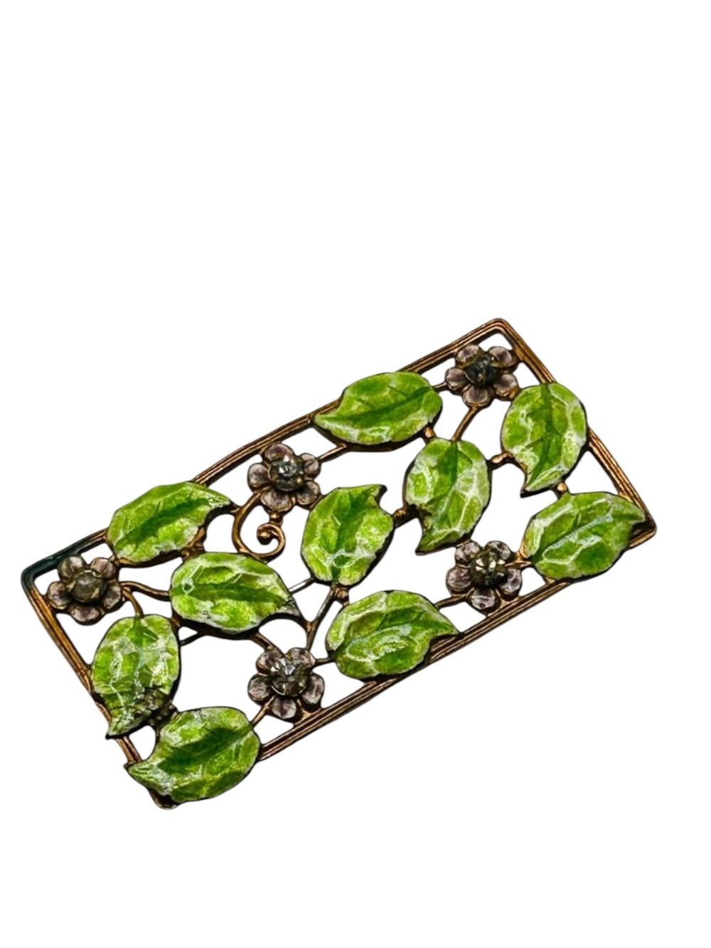 Vintage 1930’s Enamel Leaf and Flower Rectangular Brooch